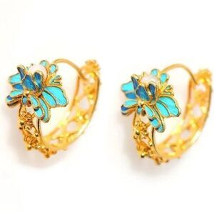 Anthropologie Gold and Blue Floral Earrings